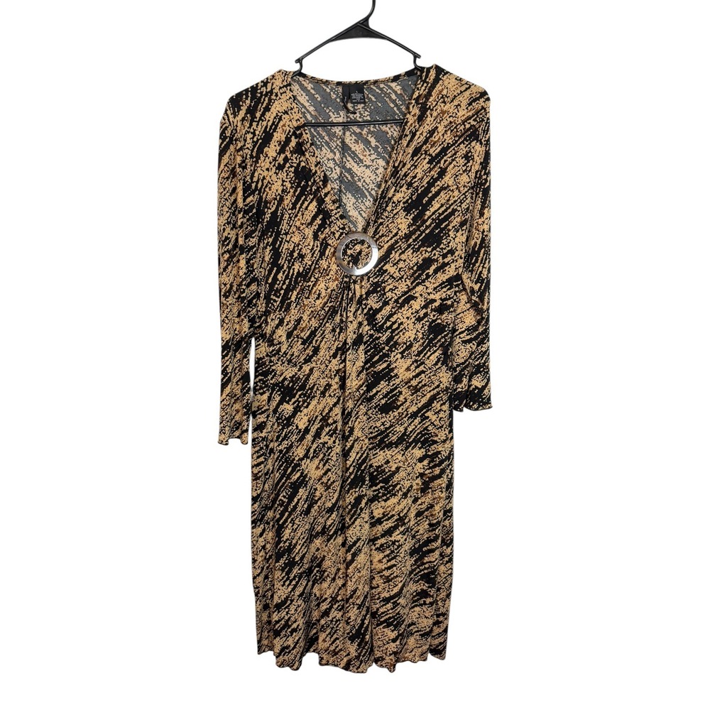 New Directions L Black Tan Abstract Print O-Ring V-Neck Midi Dress Mob Wife Y2K